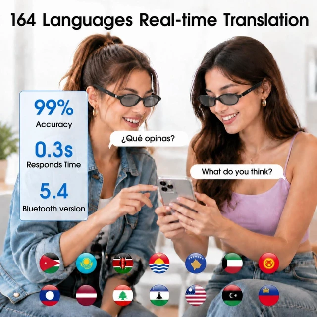 Alt view image 10 of 14 - AI Glasses for Women with Thin Temples Cat Eye Smart Sunglasses | Real-Time Translation - 160+ Languages, Open-Ear Audio Lightweight Bluetooth Glasses for Travel, Business - Black