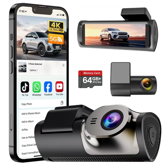 Alt view image 8 of 14 - 4K+1080P Dash Cam Front and Rear,64GB Card Included,5.8GHz WiFi Dash Camera for Cars,App up to 20MB/s Fastest Download,G-Sensor,Night Vision,24h Parking Monitoring,Loop Recording,170° Wide Angle