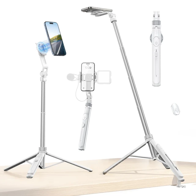 Alt view image 8 of 14 - TT88 Magnetic Tripod for iPhone 17, 57" Extendable Selfie Stick w Remote, 2-in-1 Phone Clip & Dual Cold Shoe Mounts-Lightweight Phone Tripod Stand for Vlogging, Travel, Video Recording, White