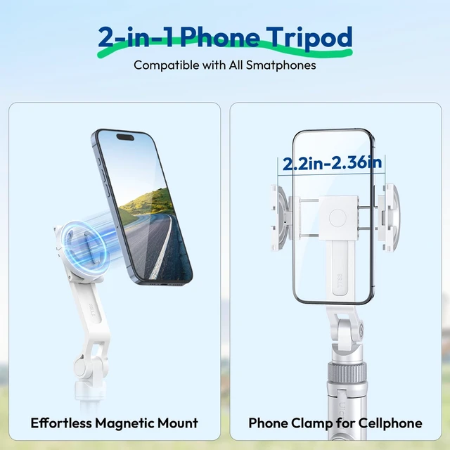 Alt view image 9 of 14 - TT88 Magnetic Tripod for iPhone 17, 57" Extendable Selfie Stick w Remote, 2-in-1 Phone Clip & Dual Cold Shoe Mounts-Lightweight Phone Tripod Stand for Vlogging, Travel, Video Recording, White