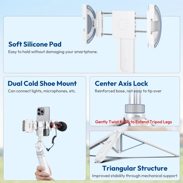 Alt view image 11 of 14 - TT88 Magnetic Tripod for iPhone 17, 57" Extendable Selfie Stick w Remote, 2-in-1 Phone Clip & Dual Cold Shoe Mounts-Lightweight Phone Tripod Stand for Vlogging, Travel, Video Recording, White