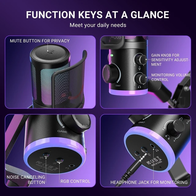 Alt view image 13 of 14 - AM6T Gaming USB Condenser Mic for PC | ChatMix Dial (Balance Game & Chat Audio), Noise Cancellation, RGB, Quick Mute, Gain Knob, Boom Arm for Streaming on Twitch