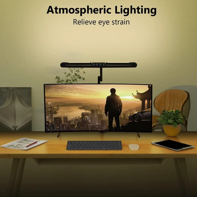 Alt view image 10 of 12 - Led Desk Lamp with Clamp, Architect Desk Lamp for Home Office with Atmosphere Lighting, 24W Ultra Bright Auto Dimming Computer Light Stepless Dimming and Tempering LED Table Light