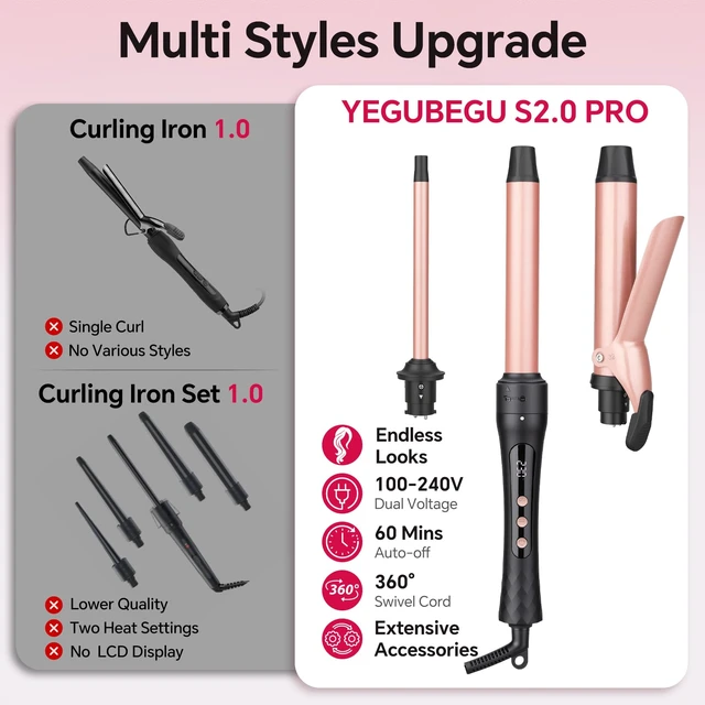 Alt view image 12 of 14 - 3 in 1 Curling Iron Set with Interchangeable Ceramic Barrels | Hair Curler Wand with 14 Temps & LCD Display for Soft Waves & Spiral Curls on Short to Long Hair, Dual Voltage for Travel