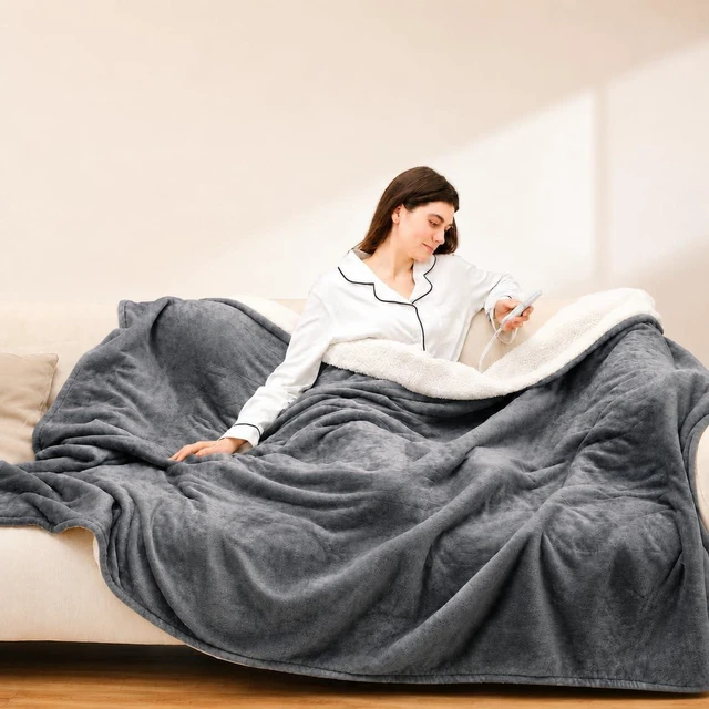 Alt view image 7 of 12 - Heated Blanket Full Size, Soft Cozy Flannel Sherpa Electric Blanket with 6 Heating Levels & 1-10 Hours Auto Off, Overheat Protection, Machine Washable Plush Heating Blanket 72" x 84", Gray