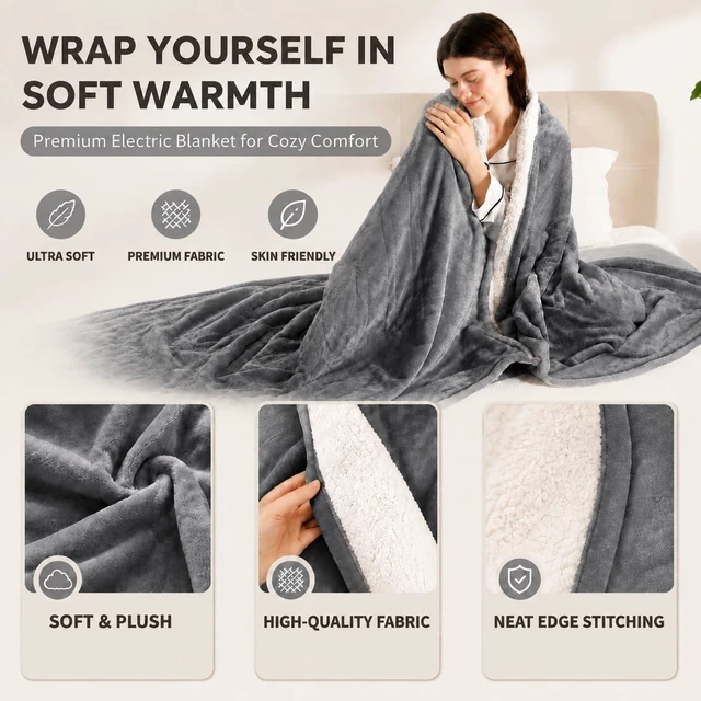 Alt view image 8 of 12 - Heated Blanket Full Size, Soft Cozy Flannel Sherpa Electric Blanket with 6 Heating Levels & 1-10 Hours Auto Off, Overheat Protection, Machine Washable Plush Heating Blanket 72" x 84", Gray