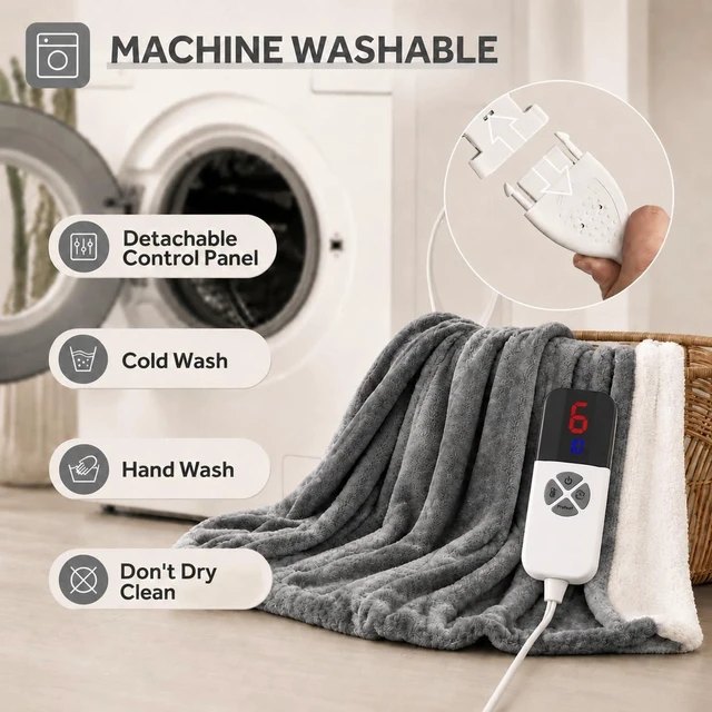Alt view image 11 of 12 - Heated Blanket Full Size, Soft Cozy Flannel Sherpa Electric Blanket with 6 Heating Levels & 1-10 Hours Auto Off, Overheat Protection, Machine Washable Plush Heating Blanket 72" x 84", Gray