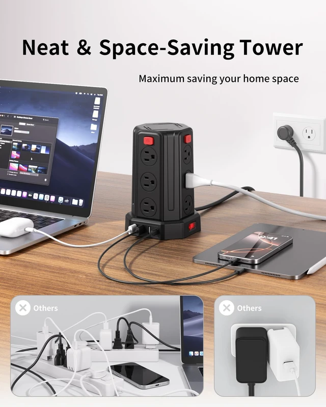 Alt view image 12 of 14 - Power Strip 6.5 Ft Extension Cord with 12 AC Multiple Outlets 4 USB (1 USB C), Power Strip Tower Desktop Charging Station for Home Office College Dorm Essentials