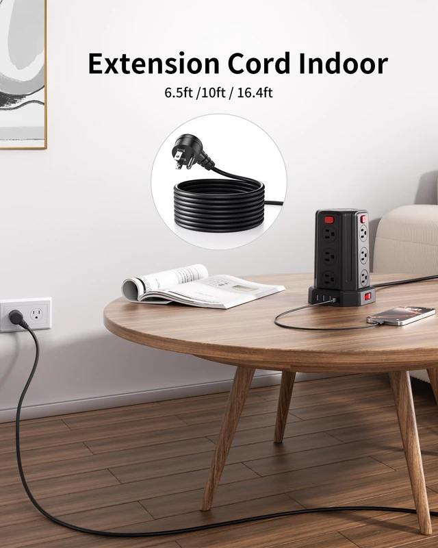 Alt view image 14 of 14 - Power Strip 6.5 Ft Extension Cord with 12 AC Multiple Outlets 4 USB (1 USB C), Power Strip Tower Desktop Charging Station for Home Office College Dorm Essentials