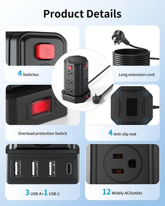 Alt view image 11 of 14 - Power Strip 6.5 Ft Extension Cord with 12 AC Multiple Outlets 4 USB (1 USB C), Power Strip Tower Desktop Charging Station for Home Office College Dorm Essentials