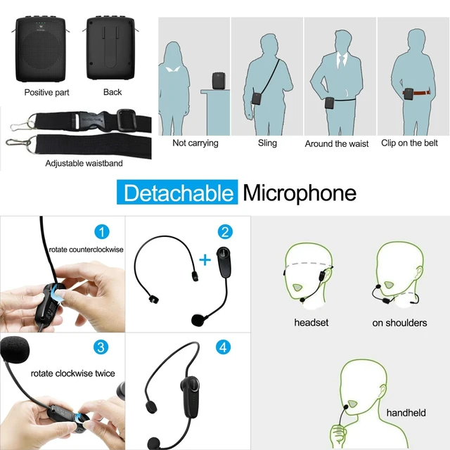 Alt view image 13 of 14 - Voice Amplifier with Bluetooth, Portable Speaker and Microphone | Wireless Mic Headset Speaker for Teachers, Tour Guide, Public Speaking, Fitness Instructors, Features Mute, 15W WB002