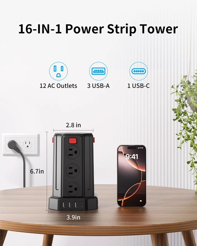 Alt view image 9 of 14 - Power Strip 6.5 Ft Extension Cord with 12 AC Multiple Outlets 4 USB (1 USB C), Power Strip Tower Desktop Charging Station for Home Office College Dorm Essentials
