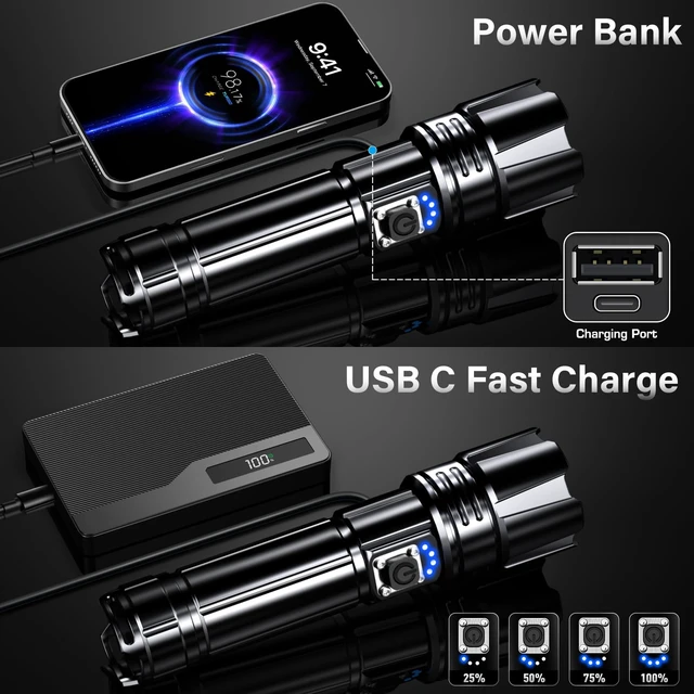 Alt view image 12 of 14 - Rechargeable LED Flashlight High Lumens Super Bright | Flashlights with Zoomable, USB C Rechargeable, 5 Light Mode, IPX7 Waterproof, Powerful Flash Light for Home, Hiking, Camping