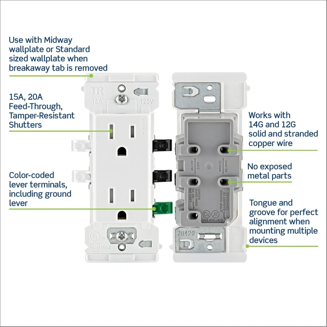 Alt view image 9 of 12 - Lever Edge 15 Amp Tamper-Resistant Duplex Wall Outlet, 10-Pack, E5325-MW, White