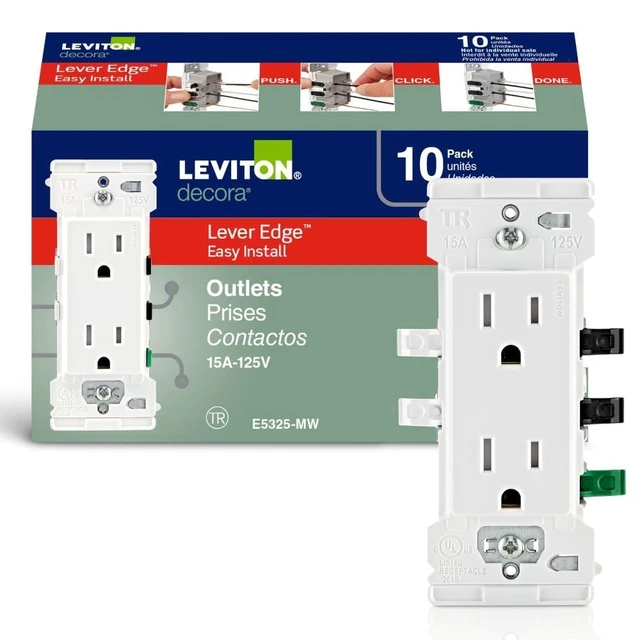 Alt view image 7 of 12 - Lever Edge 15 Amp Tamper-Resistant Duplex Wall Outlet, 10-Pack, E5325-MW, White