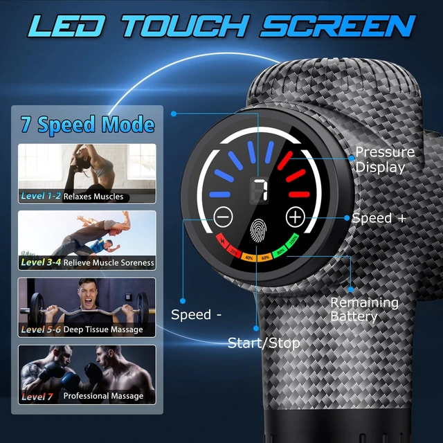 Alt view image 9 of 14 - Massage Gun, Back Massager 10 Replacement Head for Pain Relief Deep Tissue, Percussion Massage Guns 7 Speed Level Super Quiet Electric Massager Fathers Day Dad Gifts, Carbon