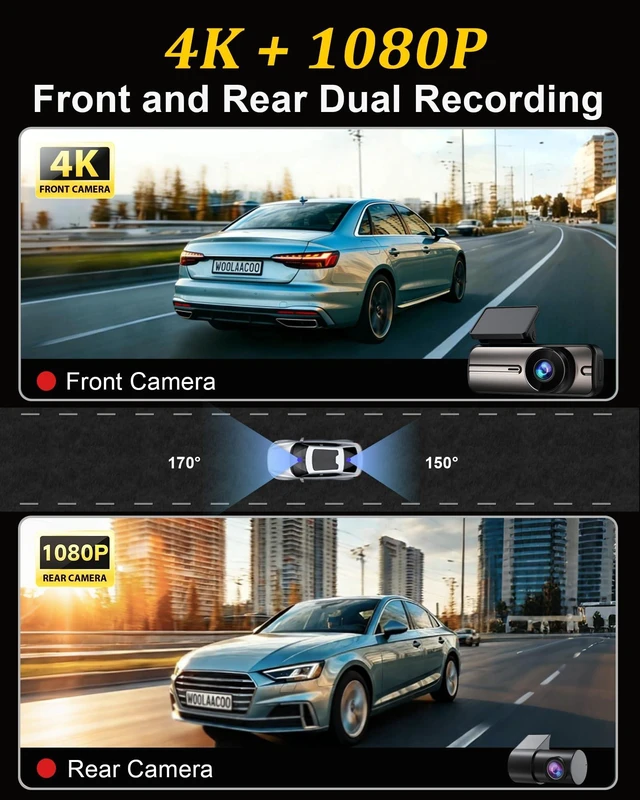 Alt view image 9 of 14 - Dash Cam Front and Rear 4K+1080P, 5GHz WiFi, App Control, with 64GB Card | 24H Parking Mode, G-Sensor Locks Important Footage, Loop Recording, Easy Video Transfer and Playback