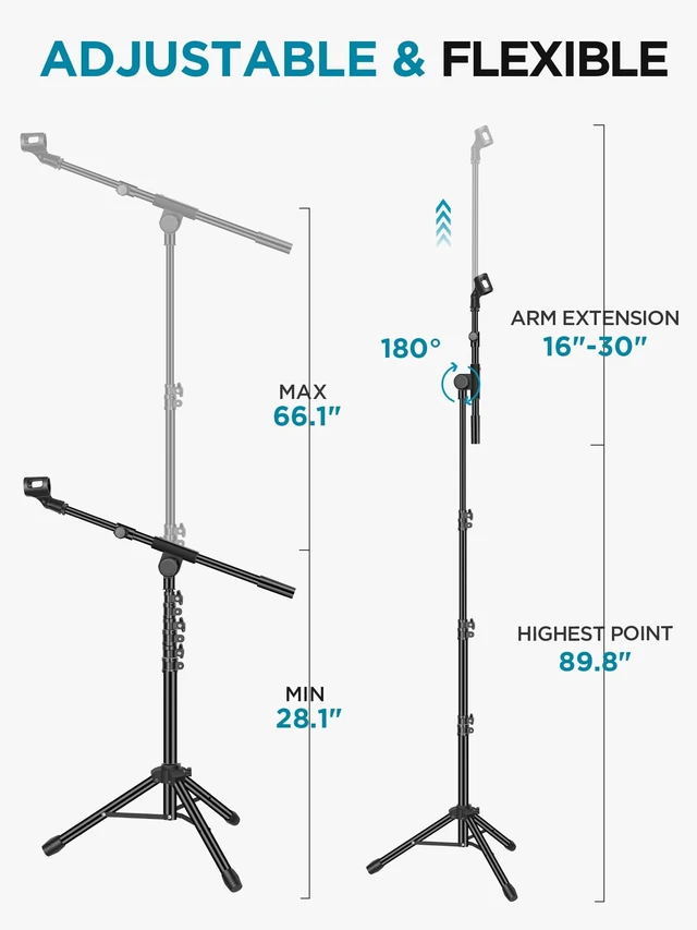 Alt view image 10 of 14 - Mic Stand Tripod Boom Arm Floor Microphone Stand Height Adjustable | Fast Assembly, Carrying Bag Included, Max Height 89.8", Work with Blue Yeti Shure Fifine, Heavy Duty, for Singing Podcast