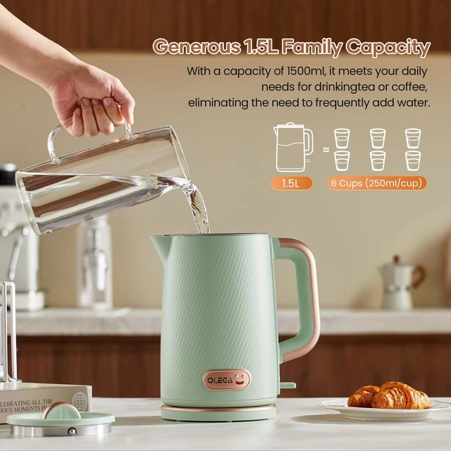 Alt view image 13 of 14 - OLEGA Electric Tea Kettle: 1200W Fast Boil Electric Water Kettles 1.5L | Stainless Steel Kettle; Large Electric Water Kettle; Plastic Free Teapot; Auto Shut-Off Water Boiler; Fast Boil Kettles