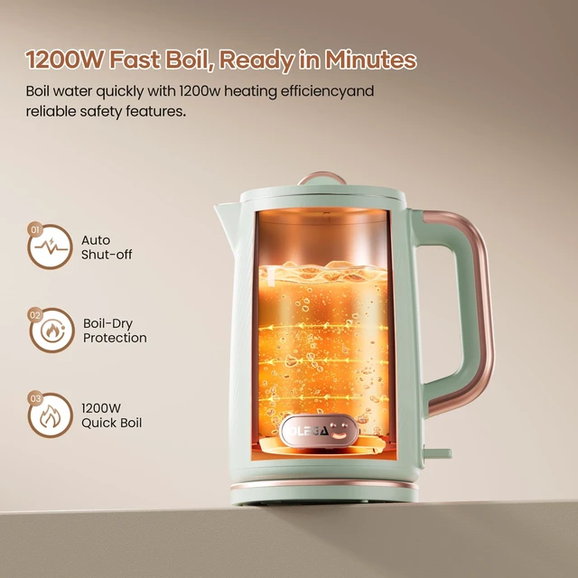 Alt view image 11 of 14 - OLEGA Electric Tea Kettle: 1200W Fast Boil Electric Water Kettles 1.5L | Stainless Steel Kettle; Large Electric Water Kettle; Plastic Free Teapot; Auto Shut-Off Water Boiler; Fast Boil Kettles