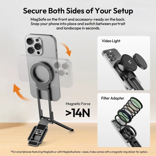 Alt view image 10 of 14 - MA38 Magnetic Phone Tripod for iPhone 18 Pro, Aluminum Phone Holder | N52 Magnet, Back Magnet Base, Arca QR Base, Foldable Hook w 1/4'' Screw for Tripod Selfie Gym Travel Essentials Accessories