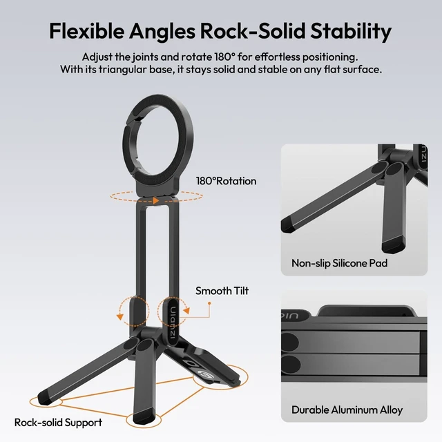 Alt view image 13 of 14 - MA38 Magnetic Phone Tripod for iPhone 18 Pro, Aluminum Phone Holder | N52 Magnet, Back Magnet Base, Arca QR Base, Foldable Hook w 1/4'' Screw for Tripod Selfie Gym Travel Essentials Accessories