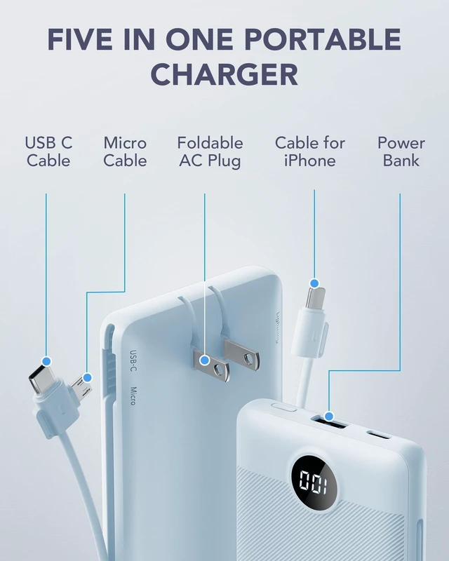 Alt view image 10 of 14 - Portable Charger, Power Bank Built-in Cables and AC Wall Plug | USB C Power Bank 10000mAh, Travel Essentials Phone Charger Compact External Battery Pack For Smart Phones, Tablets etc-Blue