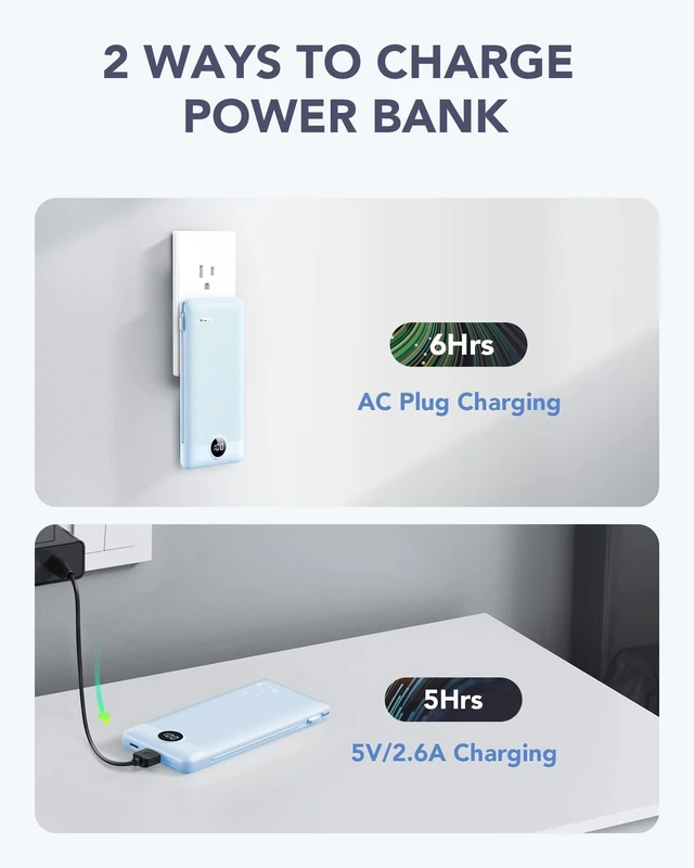 Alt view image 12 of 14 - Portable Charger, Power Bank Built-in Cables and AC Wall Plug | USB C Power Bank 10000mAh, Travel Essentials Phone Charger Compact External Battery Pack For Smart Phones, Tablets etc-Blue