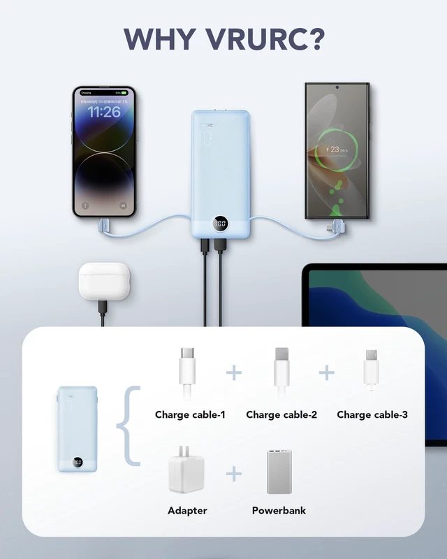 Alt view image 11 of 14 - Portable Charger, Power Bank Built-in Cables and AC Wall Plug | USB C Power Bank 10000mAh, Travel Essentials Phone Charger Compact External Battery Pack For Smart Phones, Tablets etc-Blue