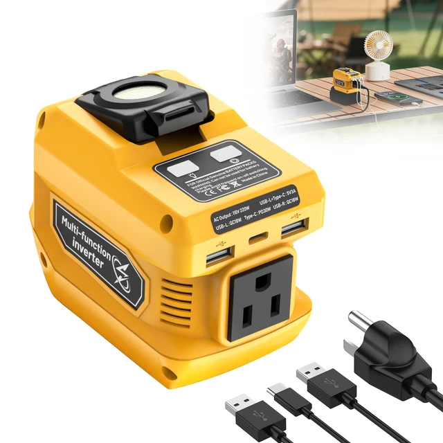 Alt view image 8 of 14 - 220W Portable Power Inverter Compatible with Dewalt 20V Battery | DC 20V to AC 110V Battery Inverter, 400LM LED Light, 1 AC Outlet, 2 USB & 1 TypeC Fast Charging (Battery Not Included)