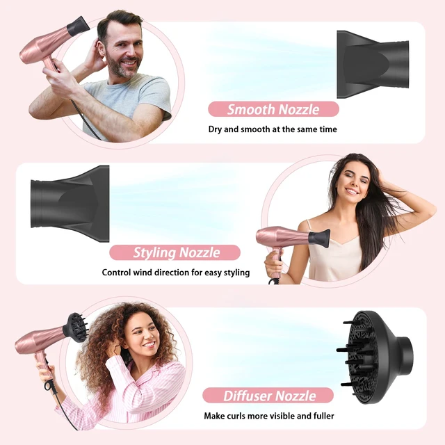 Alt view image 12 of 14 - Ionic Hair Dryer,2400W Negative Ion Low Noise Hair Dryer Professional Fast Drying Hair Dryers with 2 Speeds, 3 Heat Settings, Cooling Button,with Diffuser for Curly and Straight HairSakura Pink