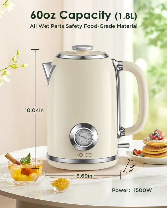 Alt view image 9 of 14 - Electric Kettle 1.8L with Temperature Gauge, 1500W Fast Boiling Electric Tea Kettle, 100% Stainless Steel Retro-Style Hot Water Kettle Electric - Glowing LED Light, Auto Shut-Off & Boil-Dry Protection
