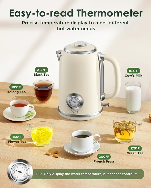 Alt view image 14 of 14 - Electric Kettle 1.8L with Temperature Gauge, 1500W Fast Boiling Electric Tea Kettle, 100% Stainless Steel Retro-Style Hot Water Kettle Electric - Glowing LED Light, Auto Shut-Off & Boil-Dry Protection