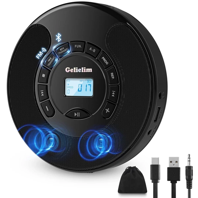 Alt view image 8 of 14 - Portable CD Player for Car, Rechargeable Personal CD Player with FM Transmitter, Bluetooth Transmitter & Receiver, Dual Stereo Speakers, AUX Output, Anti Skip, MP3 CD/CD-R/RW Disc Player