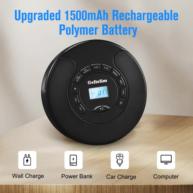 Alt view image 14 of 14 - Portable CD Player for Car, Rechargeable Personal CD Player with FM Transmitter, Bluetooth Transmitter & Receiver, Dual Stereo Speakers, AUX Output, Anti Skip, MP3 CD/CD-R/RW Disc Player