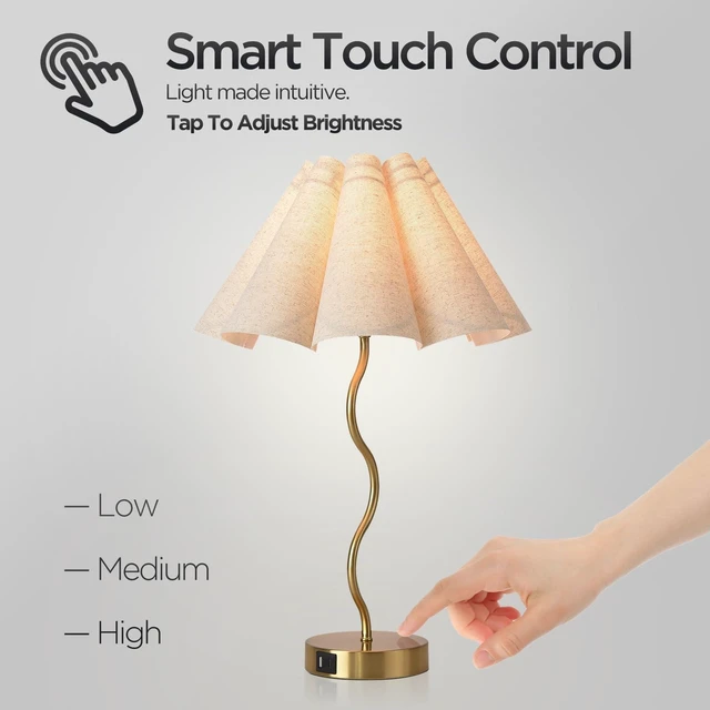 Alt view image 13 of 14 - Touch Control Table Lamp with USB Ports, 22 Tall Gold Bedside Lamp with 3-Way Dimmable E26 Bulb, Fabric Shade & Curved Metal Stem, Modern Nightstand Lamp for Bedroom, Living Room, Office