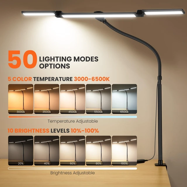 Alt view image 9 of 14 - LED Desk Lamp for Office Home, 3 Head Adjustable Desk Light with Adapter | Computer Monitor light Bar Stepless Dimming, Eye Caring Architect Desk Lamp Table Lamp for Reading Study Workbench Black