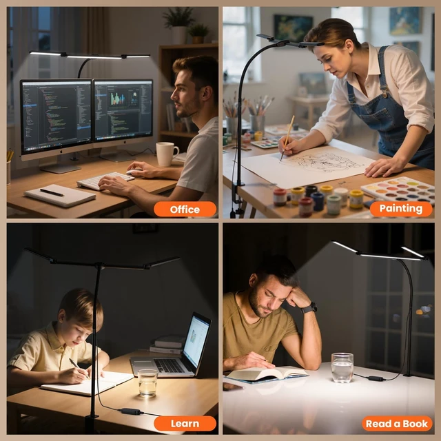 Alt view image 13 of 14 - LED Desk Lamp for Office Home, 3 Head Adjustable Desk Light with Adapter | Computer Monitor light Bar Stepless Dimming, Eye Caring Architect Desk Lamp Table Lamp for Reading Study Workbench Black