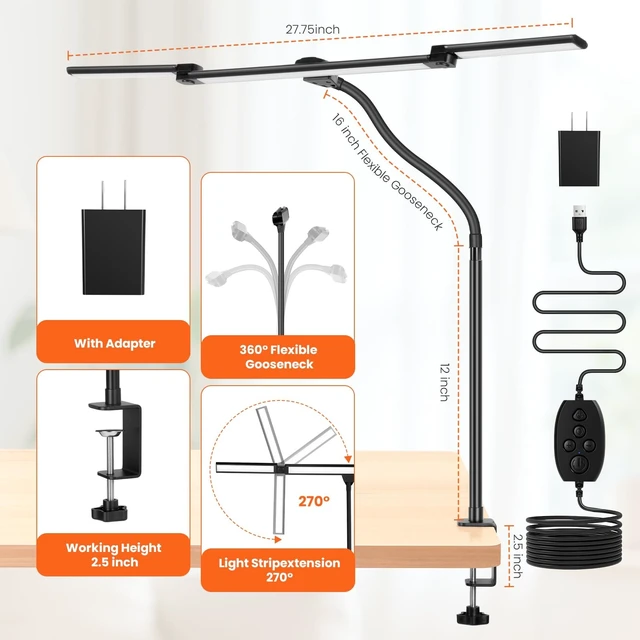 Alt view image 12 of 14 - LED Desk Lamp for Office Home, 3 Head Adjustable Desk Light with Adapter | Computer Monitor light Bar Stepless Dimming, Eye Caring Architect Desk Lamp Table Lamp for Reading Study Workbench Black