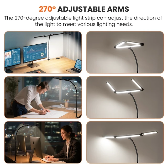 Alt view image 11 of 14 - LED Desk Lamp for Office Home, 3 Head Adjustable Desk Light with Adapter | Computer Monitor light Bar Stepless Dimming, Eye Caring Architect Desk Lamp Table Lamp for Reading Study Workbench Black