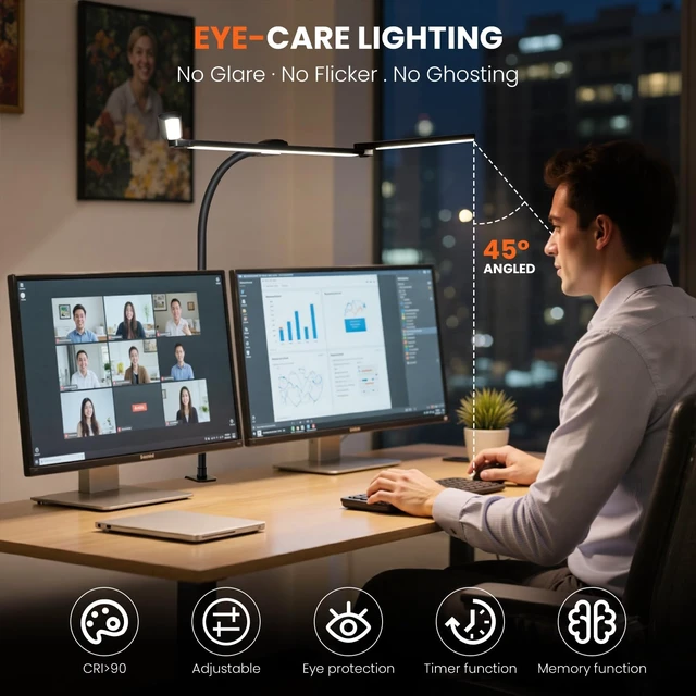 Alt view image 10 of 14 - LED Desk Lamp for Office Home, 3 Head Adjustable Desk Light with Adapter | Computer Monitor light Bar Stepless Dimming, Eye Caring Architect Desk Lamp Table Lamp for Reading Study Workbench Black