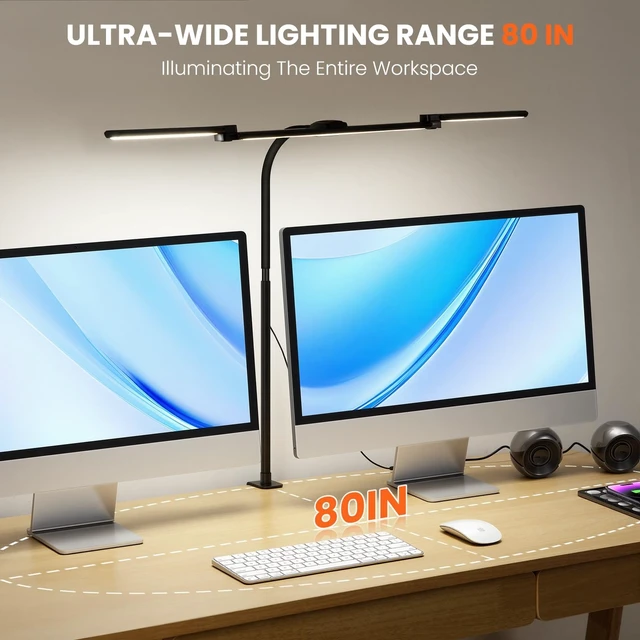 Alt view image 14 of 14 - LED Desk Lamp for Office Home, 3 Head Adjustable Desk Light with Adapter | Computer Monitor light Bar Stepless Dimming, Eye Caring Architect Desk Lamp Table Lamp for Reading Study Workbench Black