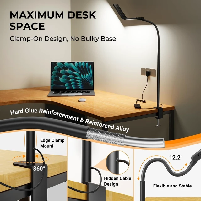 Alt view image 11 of 14 - LED Desk Lamps for Home Office, Adjustable Swing Arm Desk Lamp with Clamp | Gooseneck Tall Clip on Desk Light for Sewing,Reading,Draw,Workbench,Study,Puzzle,Craft,Monitor,Architect,Computer,Task