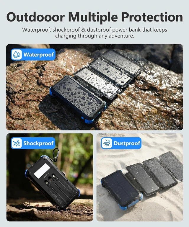 Alt view image 13 of 14 - Solar Power Bank 20000mAh with 4 Panels | Solar Charger with Build-in 3 Cables
