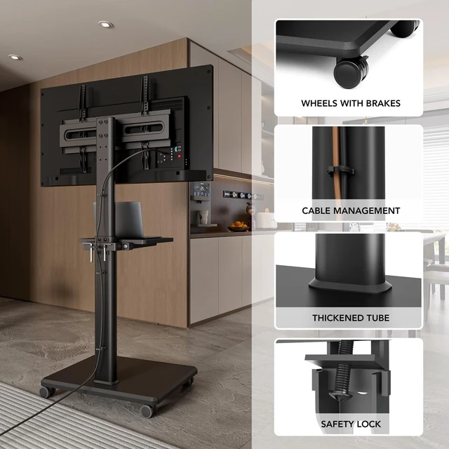 Alt view image 14 of 14 - Universal Floor TV Stand, Portable Rolling Floor TV Mount with Wheels, 80 Degree Swivel Height Adjustable for 27 to 65 Inch LCD LED OLED TVs, Holds up to 88 lbs Mobile TV Cart