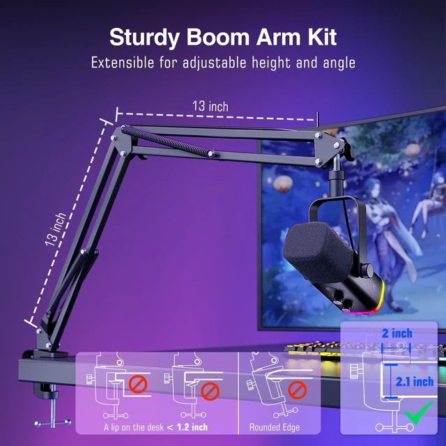 Alt view image 13 of 14 - AmpliGame AM8T XLR/USB Gaming Microphone Set, Dynamic PC Mic | Streaming RGB Mic Kit with Boom Arm Stand, Mute Button, Headphones Jack, for Podcasting Recording Vocal Voice-Over