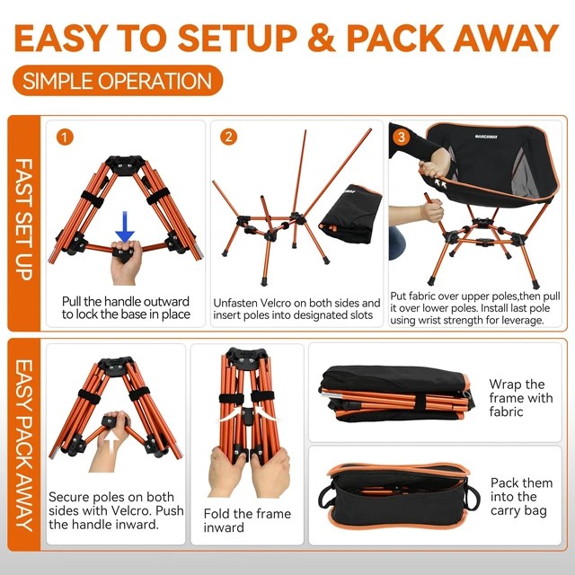 Alt view image 12 of 14 - Lightweight Folding Camping Chair, Portable Foldable Compact for Outdoor Camp, Travel, Beach, Picnic, Festival, Hiking, Backpacking, Supports 330Lbs (Orange)