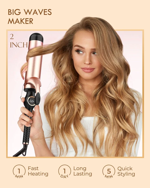 Alt view image 9 of 14 - Large Curling Iron 2 Inch, Hair Curling Wand 2 Inch, Dual Voltage, Black | Ceramic Hair Curling Wand 2 Inch, Curling Iron for Wavy Curls, Hair Styling Tool, Dual Voltage(100-240V), LCD Display, Black