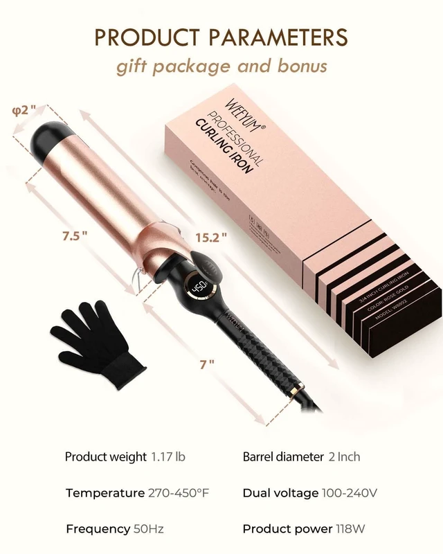 Alt view image 14 of 14 - Large Curling Iron 2 Inch, Hair Curling Wand 2 Inch, Dual Voltage, Black | Ceramic Hair Curling Wand 2 Inch, Curling Iron for Wavy Curls, Hair Styling Tool, Dual Voltage(100-240V), LCD Display, Black