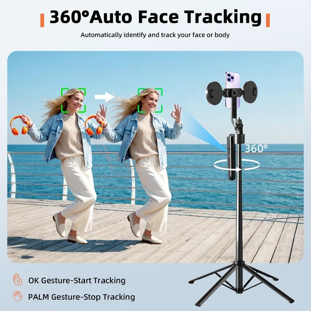 Alt view image 10 of 14 - Auto Face Tracking Selfie Stick Tripod for iPhone with Light 360 Rotation that Follows Your Movement 70.9" Camera Tripod Stand with Remote for Content Creator Vlog Live Stream Video Recording